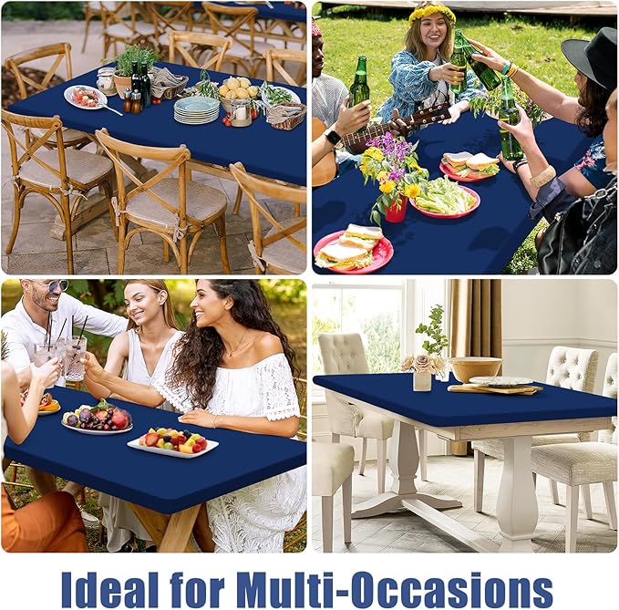 Spandex 8 Foot Rectangle Table Cloth 2 Pack, Elastic Fitted Tablecloths for Picnic, Stretch Washable Patio Table Cover for Outdoor, Camping, Banquet and Parties (Navy, 36"x96")