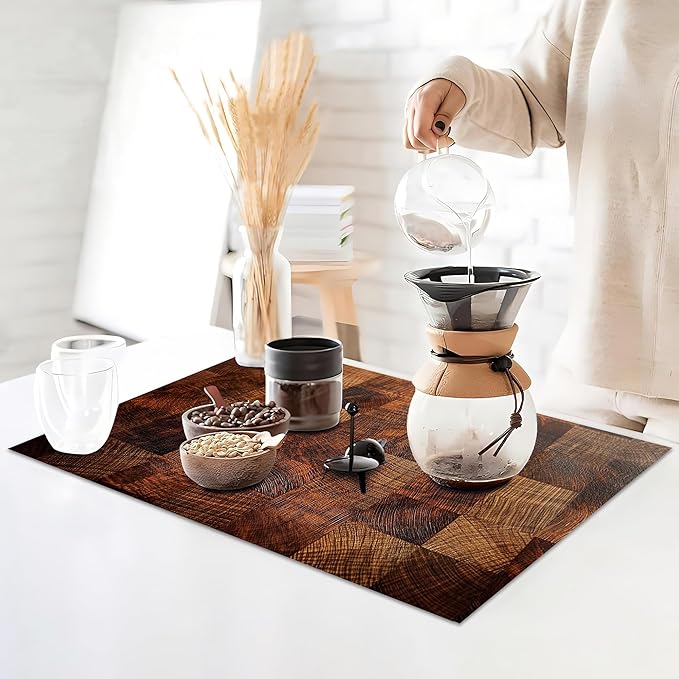 Brown Plaid Wooden Board Placemats Set of 6, Table Mates Non-Slip Heat Resistant Washable Linen Place Mats for Party Kitchen Dining Decoration Indoor Outdoor 12"x18"