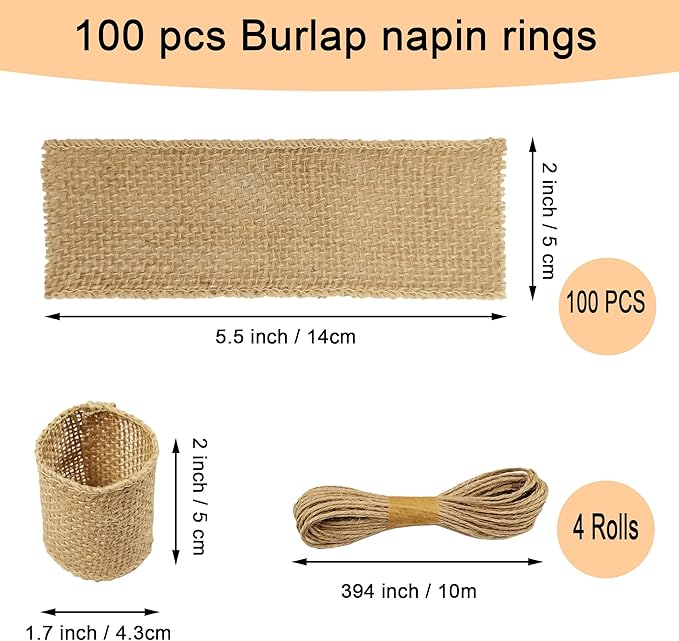 Natural Burlap Napkin Rings Set of 100 pcs with Jute Rope,Disposable Napkin Bands Bulk,Rustic Serviette Ring for Tables,Decorations,Wedding,Dinner,Country Party Decor