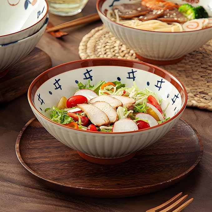 8 Inch Ramen Bowls Set of 4 with Spoon, 38 Oz Soup Bowls for Noodle,Udon,Vintage Japanese Style, Microwave & Dishwasher Safe