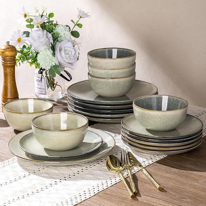 AmorArc Ceramic Dinnerware Sets for 8, 24 Pieces Handpainted Stoneware Plates and Bowls Set, Scratch Resistant Dishes Set, Dishwasher & Microwave Safe, Reactive Color
