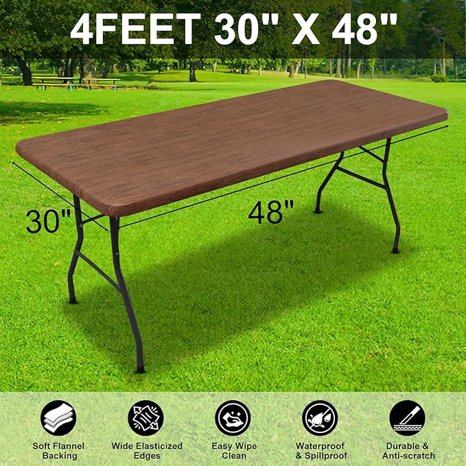 Smiry Rectangle Table Cloth Cover, Waterproof Elastic Fitted Picnic Tablecloth for 4 Foot Tables, Wipeable Flannel Backed Vinyl Tablecloths for Camping, Dining, Outdoor (Brown, 30" x 48")