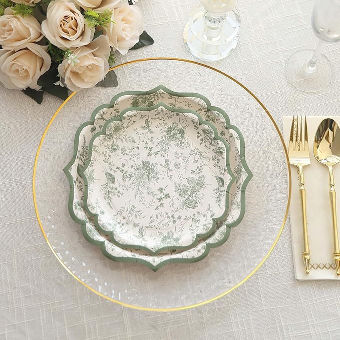 50 Pack 8" Sage Green Dessert Plates in French Toile Floral Pattern, Disposable Round Paper Appetizer Salad Plates 300 GSM for Party Decoration