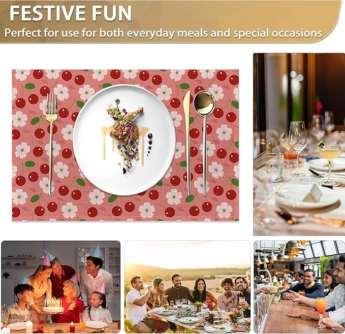 Cherry Berry Flowers Placemats Set of 6 Linen Washable, Heat-Resistant 12x18 Inch Table Place Mats for Kitchen Dining for Home Party Holidays