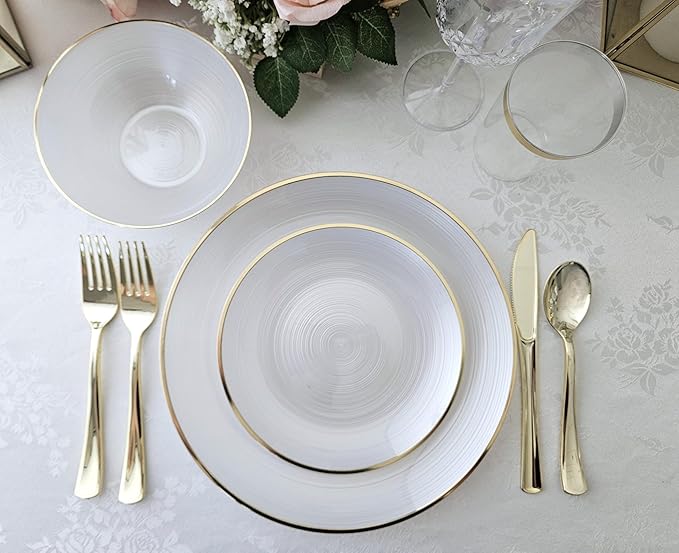 " OCCASIONS " 240 Plates Pack,(120 Guests) Premium Wedding Party Disposable Plastic Plates Set -120 x 10'' Dinner + 120 x 7'' Salad/Dessert (Belize in White Pearl & Gold)