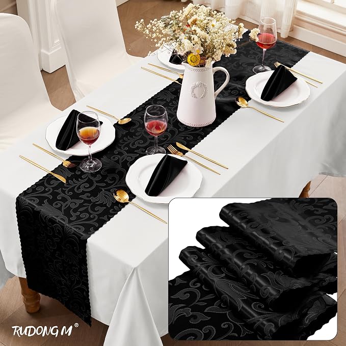RUDONG M Black Satin Table Runners, 12 x 108 Inch, 2 Pack | Long Silky Damask - Image 2
