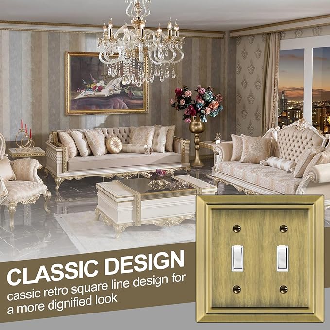 Metal Wall Plate for Electrical Outlets, Decorative Antique Brass Switch Plates Outlet Cover, Light Switch Cover Plate, 2-Gang Wall Plates (Double Toggle, 2 Pack)