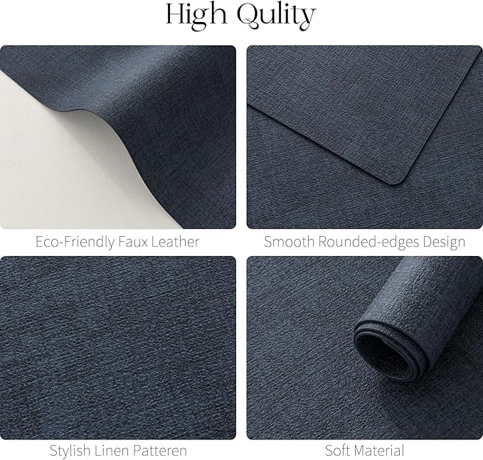 MOSAYT Placemats Set of 4, Heat Resistant Vinyl Place Mats with Coasters, 100% Waterproof Wipeable Washable Faux Leather Table Mats for Kitchen Dining Party Outdoor, 12" x 17", Navy Blue