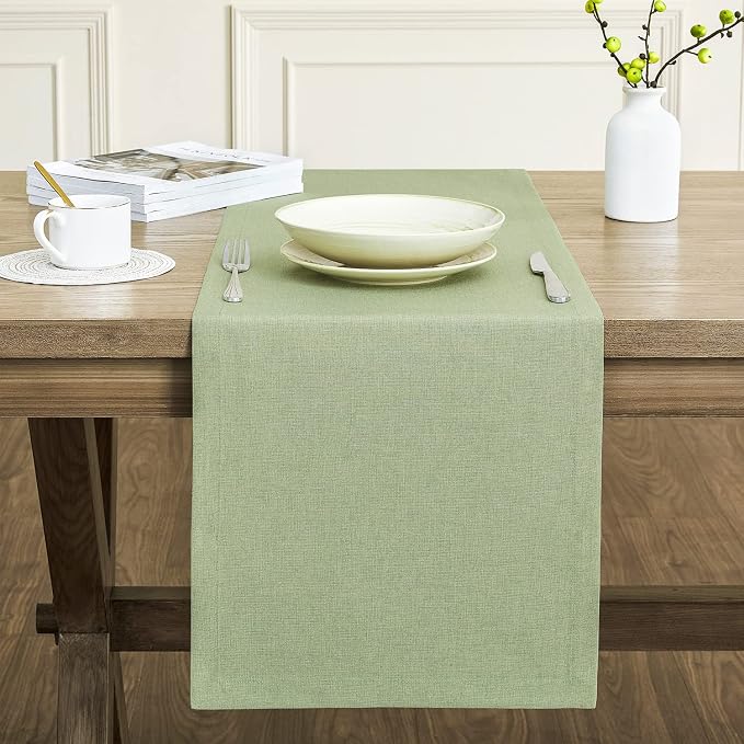 Basic Linen Style Table Runner, 14x108 Inch Sage Green | Mitered Corner Design - Image 2