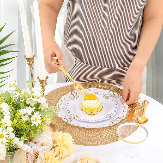 Ciaell 350 PCS Gold Plastic Plates - White and Gold Plates - Gold Disposable Plates Include 50 Disposable Plate, 150 Heavy Duty Silverware, 50 Cups, 50 Napkins for Wedding & Party