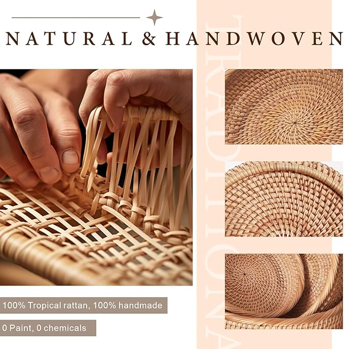 Rattan 9.2" Medium Round Bread Basket for Fruit, Natural Wicker Fruit Basket for Kitchen Counter, Hand Woven Wicker Food Baskets, Bread Baskets for Serving, Gift Basket for Gifts, Vegetable,Snack,Etc.