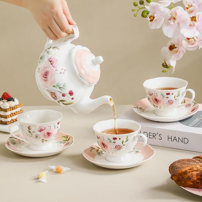 6oz Floral Porcelain Tea Cup & Saucer Set of 6, Party | Rose pattern - Image 4