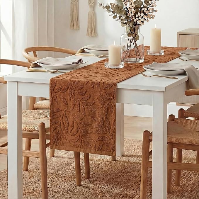 Artoid Mode Caramel Soft 3D Jacquard Leaves 100% Cotton Spring Table Runner - Image 3