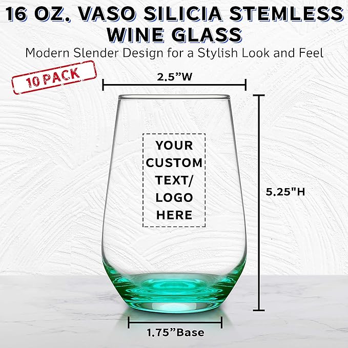 DISCOUNT PROMOS 10 Vaso Silicia Stemless Wine Glasses Set, 16 oz. - Personalized Text, Logo - Clear, Orb-Like, Thick base - Green