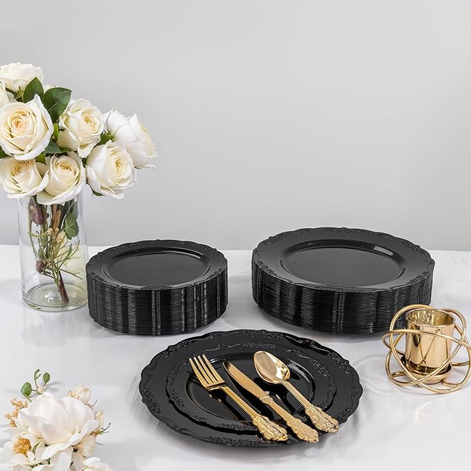 DaYammi 60PCS Black Plastic Plates, Heavy Duty Black Disposable Plates Premium 7.5 inch Dessert Cake Salad Appetizer Plate Hard Plastic Plate Disposable for Party Wedding