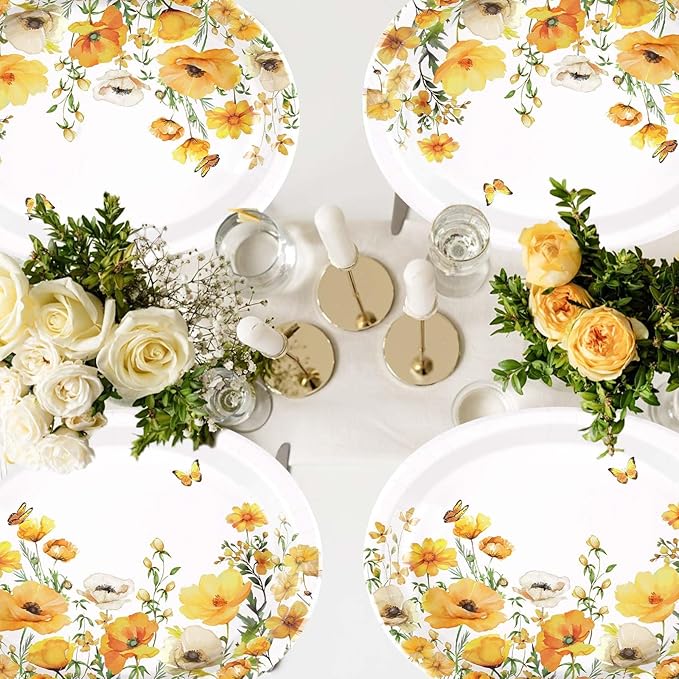 50Pcs Spring Floral Oval Paper Plates 10" x 12" Large Disposable Heavy Duty Watercolor Calliopsis Flower Platters Yellow Flowers Dessert Plates for Seasonal Lunch Dinner Birthday Party Supplies