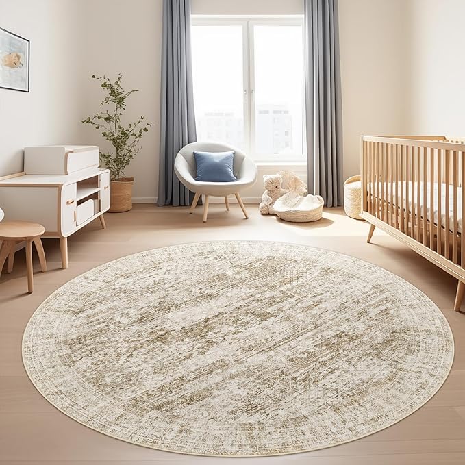 8x8 Brown Round Rug 8ft Living Room Circle Rug Vintage Round Area Rug Non Slip Indoor Carpet for Apartment