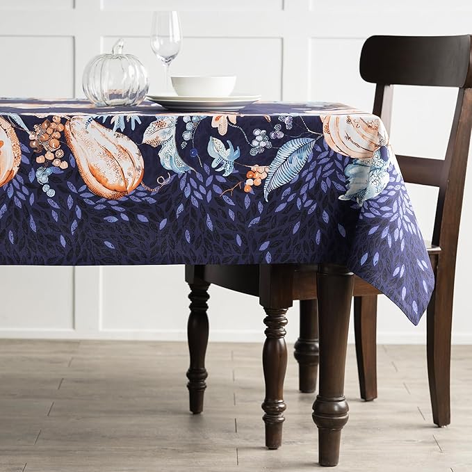 Maison d' Hermine Table Cloth Rectangle Table 100% Cotton 60 x 120 Inches Fall Tablecloth Reusable Everyday Use for Thanksgiving Christmas Decorations Dining Farmhouse Party (Pumpkin Blues)