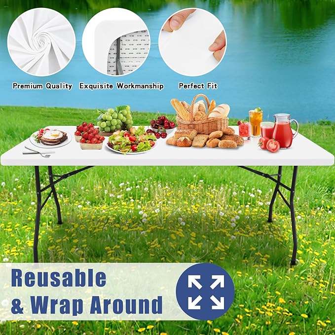 Spandex 4 Foot Rectangle Table Cloth 2 Pack, Elastic Fitted Tablecloths for Picnic, Stretch Washable Patio Table Cover for Outdoor, Camping, Banquet and Parties (White, 24"x48")