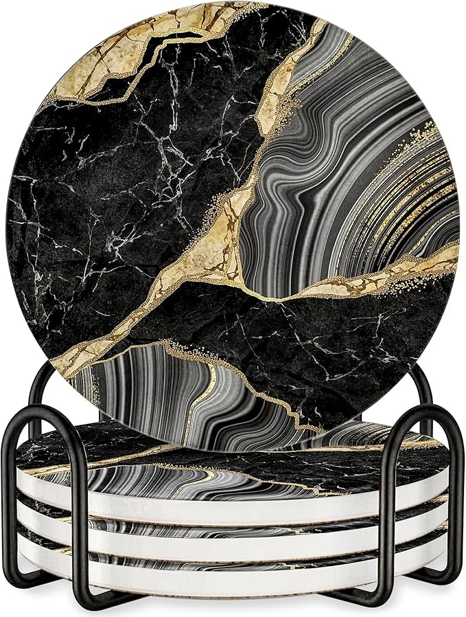 Luxury Black & Gold Marble Ceramic Coasters - Set of 4 with Black Metal Holder - Premium Round Drink Coasters for Coffee, Tea, Whiskey, Wine - Stylish Home & Kitchen Decor