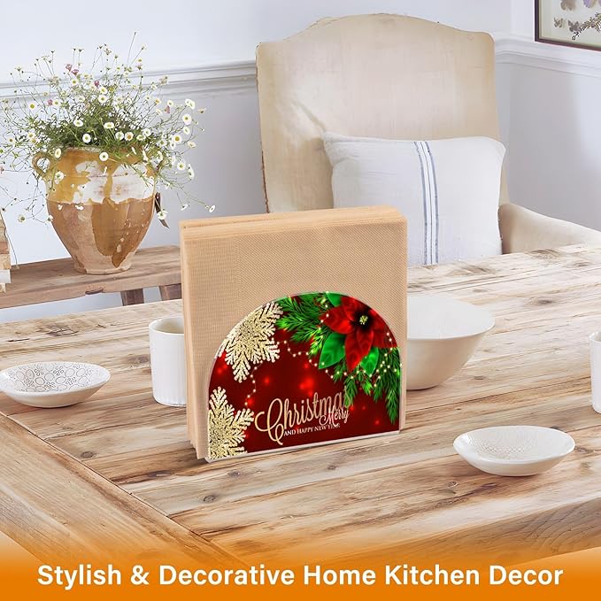 Napkin Holder Christmas Poinsettia and Snowflakes Crystal Clear Acrylic Napkin Holders Paper Napkin Holder Dining Table Dispenser for Kitchen Restaurant Home Decor Bar Accessories