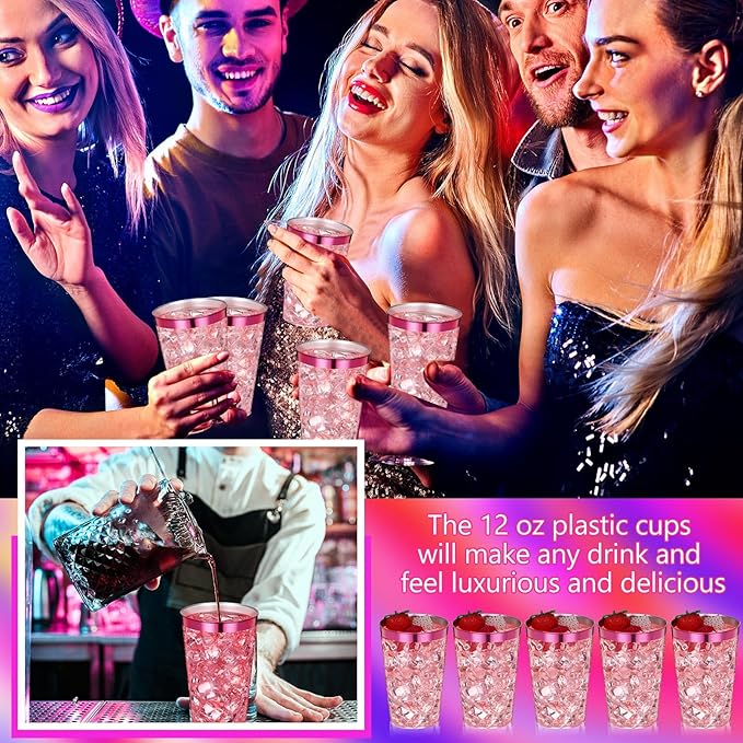 Patelai 100 Pcs Hot Pink Plastic Cups 12 oz Hot Pink Rimmed Plastic Cups Heavy Duty Wine Glasses Clear Cocktail Glasses Valentine's Day Drinking Tumblers for Party Wedding Birthday