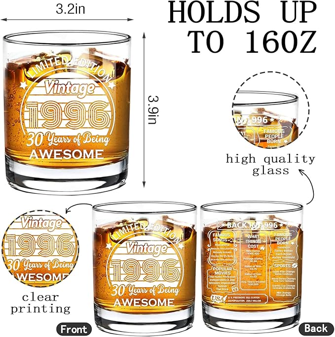 Old Fashioned Glasses-1996-Vintage 1996 old time information 10.25oz Whiskey Rocks Glass -30th Birthday Aged to Perfection - 30 years old gifts Bourbon Scotch Lowball Old Fashioned-1PCS