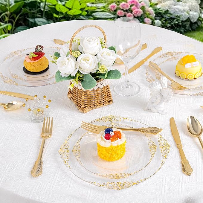 102PCS Clear Gold Plastic Plates - Clear Disposable Plates with Gold Rim - Clear Party Plate Include 51PCS Dessert Plates, 51PCS Dinner Plate for Weddings & Parties
