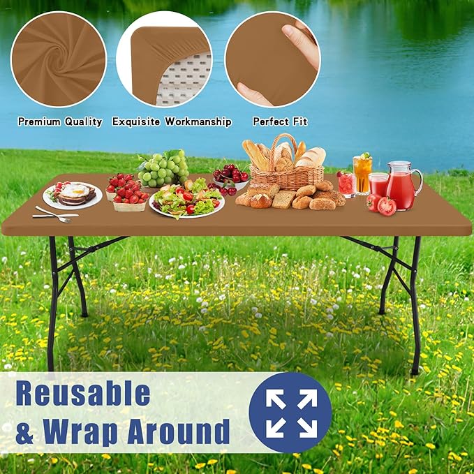 Spandex 5 Foot Rectangle Table Cloth 2 Pack, Elastic Fitted Tablecloths for Picnic, Stretch Washable Patio Table Cover for Outdoor, Camping, Banquet and Parties(Brown, 30"x60")