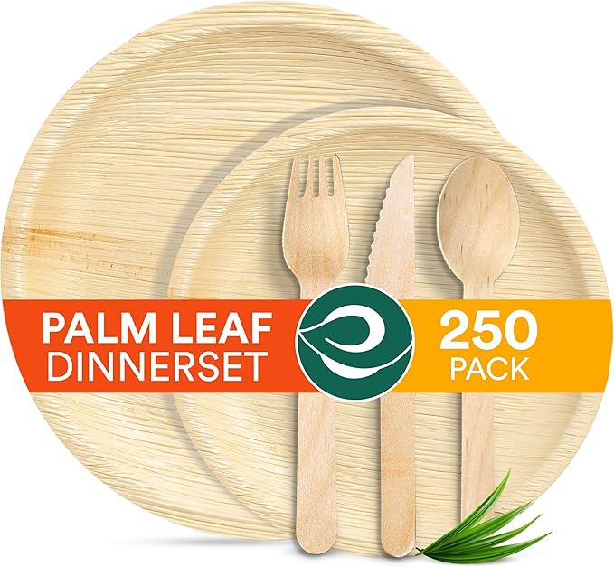 ECO SOUL 100% Compostable Palm Leaf Dinnerware Set of 250 For 50 Guests [10", 6" Round plates, Fork, Knife, Spoon, 50 Count each] | Biodegradable Disposable Utensils for Wedding, Parties, BBQ