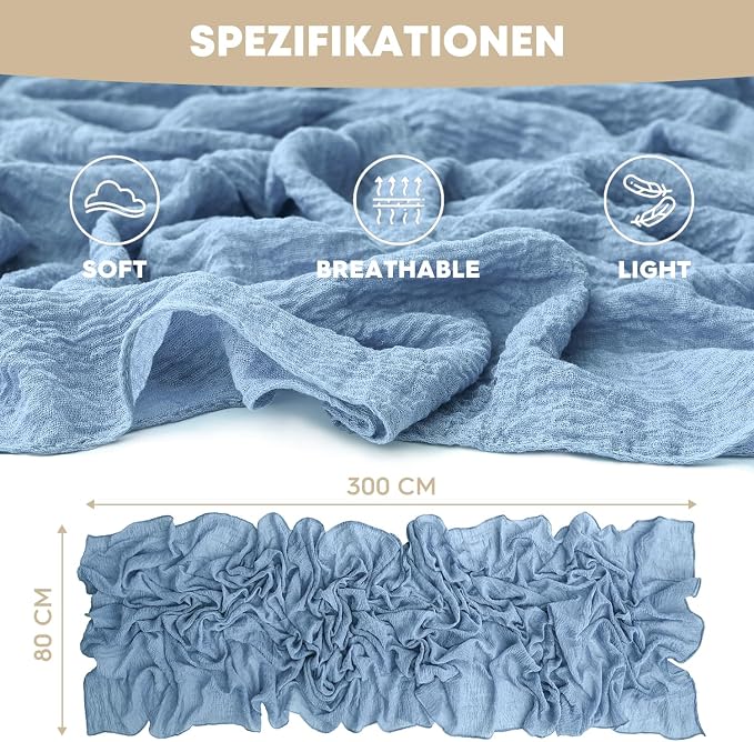 Artoid Mode Boho Cheesecloth Gauze Smoky Blue Wedding Table Runner, 120 Inch - Image 5