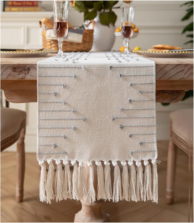 Boho Table Runner 13 x 48 Inch Long Natural Cotton Woven Runner by Caflife