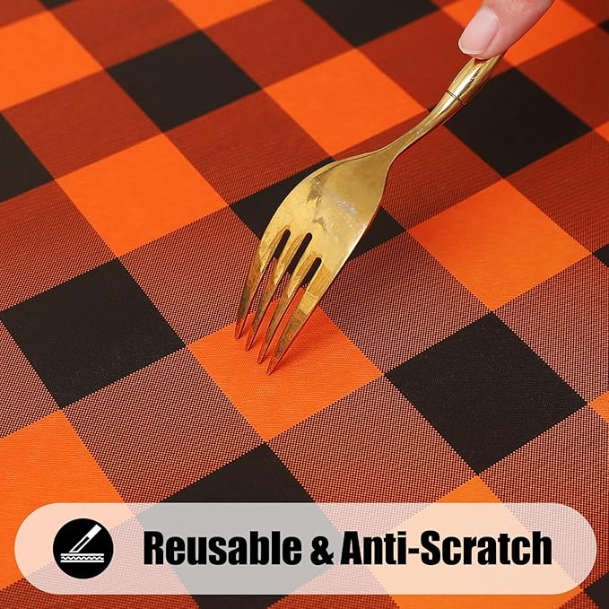 Smiry Rectangle Picnic Table Cloth, Elastic Waterproof Fitted Vinyl Tablecloths, Flannel Backed Buffalo Plaid Table Covers for Dining, Camping, Outdoor (Black and Orange, 30" x 96")