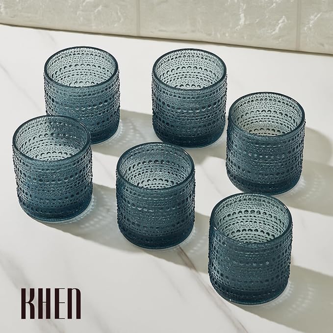 Blue Hobnail Drinking Tumbler | Set of 6 | 11 OZ Bubble Design Vintage Glassware - Image 6