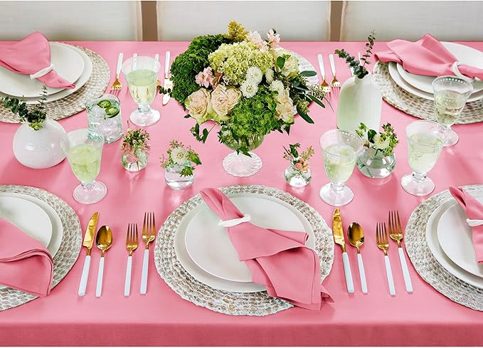 Solino Home Linen Tablecloth for Rectangle Tables 60 x 108 Inch - 100% Pure Linen Pink Carnation Table Cloth - Fete, Machine Washable Cloth Tablecloth for Valentines, Spring, Easter