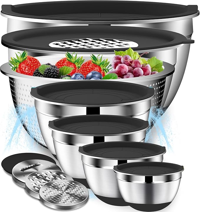 Mixing Bowls with Lids Set - 16pcs Stainless Steel Mixing Bowl Set with Colander, 3 Grater Attachments, Non-Slip Bottom, Metal Nesting Bowls with Strainer for Mixing & Serving - Black