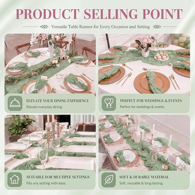 2 Pack Sage Green Cheesecloth Table Runner 17x108 Inch Boho Rustic Semi Sheer - Image 8
