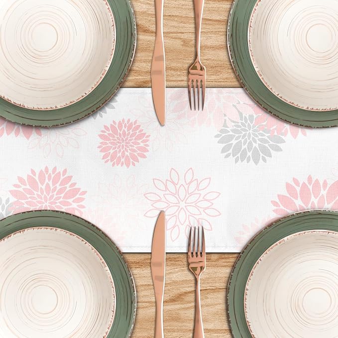 Dahlia Flower Table Runner 13x36 Inch Farmhouse Pink Gray Runners Modern Table - Image 5