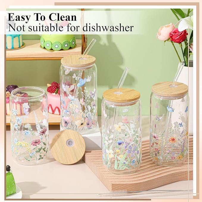 Mumufy 8 Pack Wildflower Glass Cups Gift Aesthetic Cute Glass Cup Tumbler - Image 5