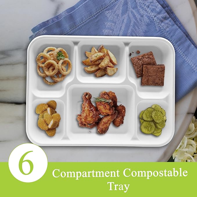 three leaf 6 Compartment Bagasse Tray 400 Ct. Heavy Duty, Super Strong,Eco Friendly Disposable Bagasse Plates,100% Biodegradable Plates, Microwave and Freezer Safe, Ideal for Party, Dinner and Picnic