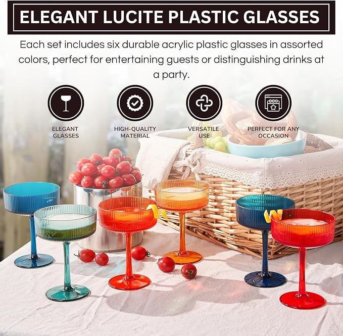 Khen Retro Acrylic Ribbed Glasses, 10oz Multicolor Shatterproof Stemware Coupe - Image 5