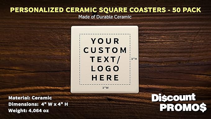 50 4" Square Ceramic Coasters Set - Customizable Text, Logo - Cork Bottom, Serve Ware - Natural