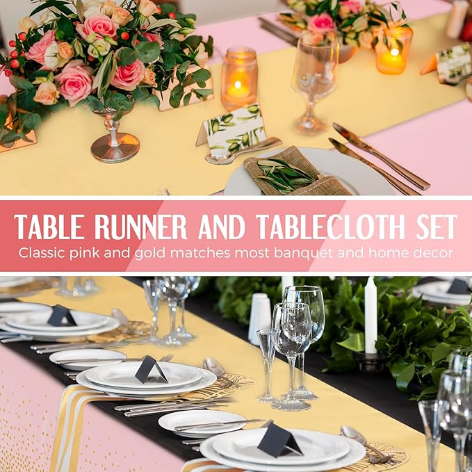 Breling 8 Pack Pink and Gold Disposable Plastic Tablecloths and Satin Table Runner Set, 54 x 108 Inch Tablecloth, 12 x 108 Inch Table Runners for Wedding Graduation Birthday Baby Shower