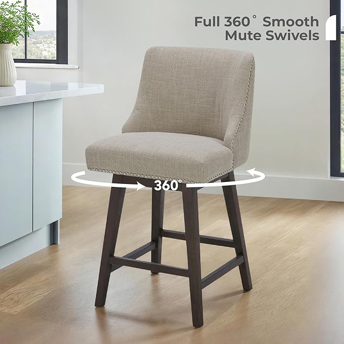 CHITA Counter Height Swivel Bar Stools Set of 3, FSC Certified Upholstered Counter Stools, Modern Swivel Barstools with Wood Legs for Kitchen Island, 26" Seat Height, Fabric in Tan