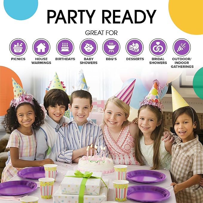 Purple Plastic Plates For Party 7" Purple Disposable Plates Heavy Duty 100 Pcs Plastic Dinnerware Sets Heavy Duty 350 GSM Disposable Dinnerware Set
