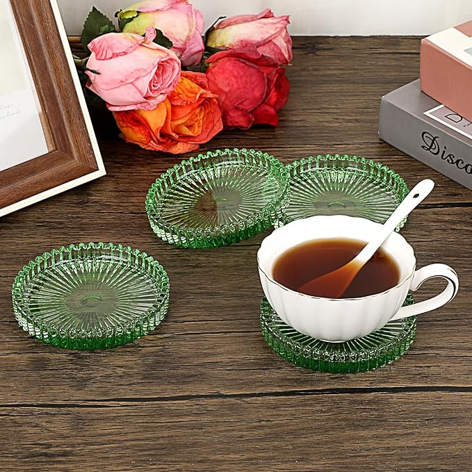 JUXYES 8 Pack Clear Green Crystal Coasters Round Cup Mat, Glass Coasters for Drinks Coffee Tea Wine, Decorative Wine Bottle Coaster, Crystal Drink Coasters for Restaurant bar Kitchen Dining Table
