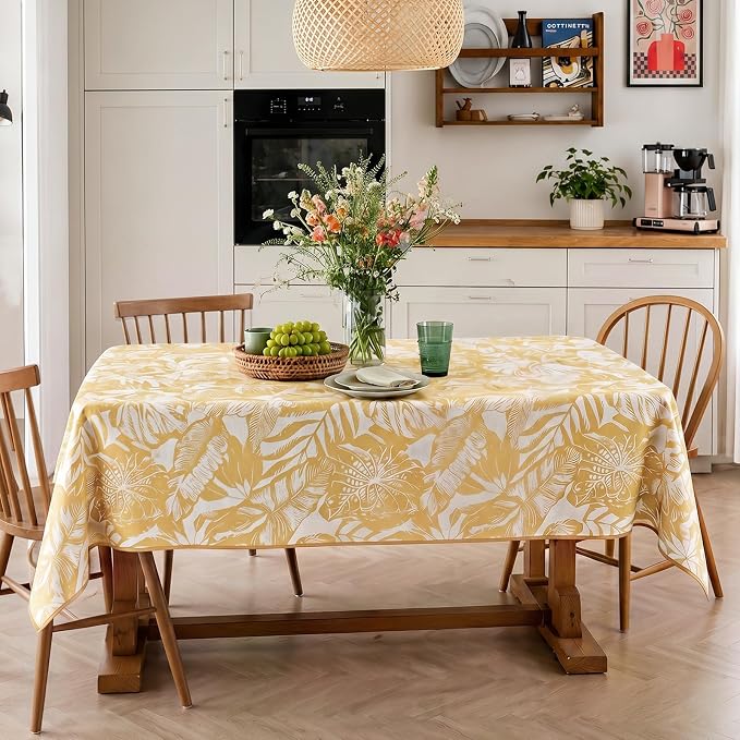 jinchan Yellow Tropical Floral Linen Rectangle Table Cloth 50x84 | Colorful - Image 6