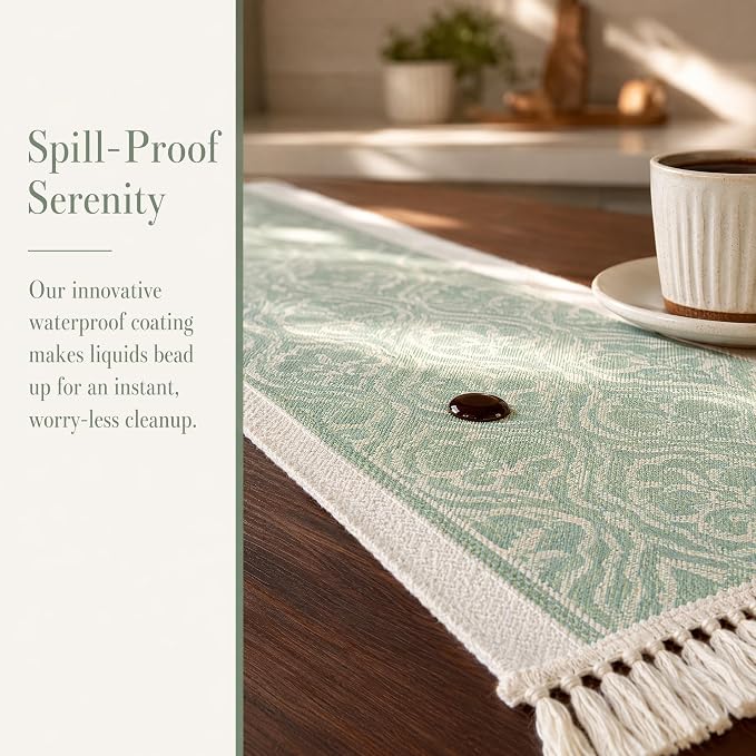 14x72 Botanical Table Runner Waterproof Floral Vine Boho Tassels | Tired of a - Image 2