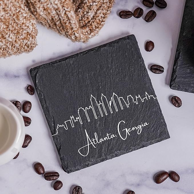 Blue Ridge Mountain Gifts - Atlanta GA Skyline Coasters, Set of 4 - Atlanta Georgia Souvenir, Slate Coasters with Minimalist Skyline, Housewarming Gift for Friends, Family, & Neighbors