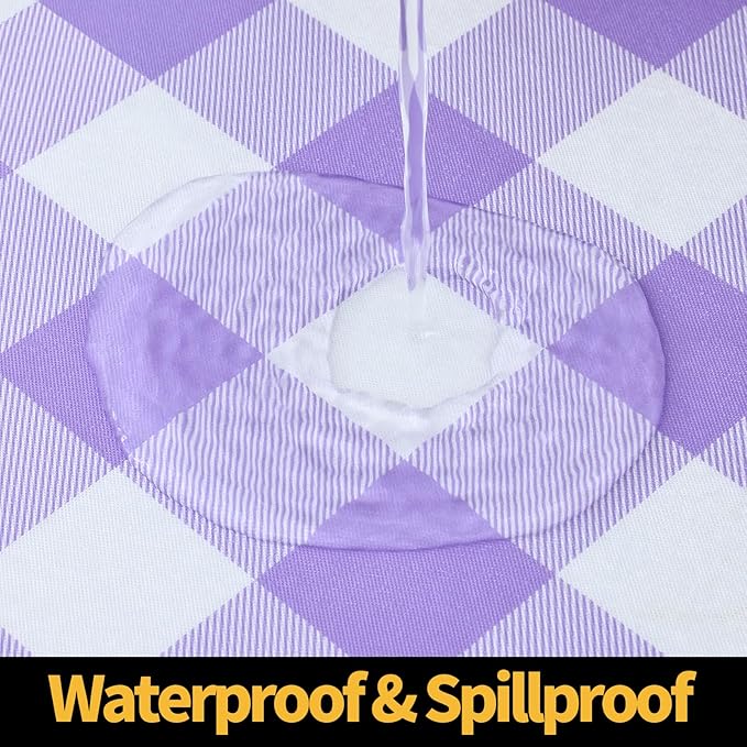 Smiry Rectangle Picnic Table Cloth, Elastic Waterproof Fitted Vinyl Tablecloths, Flannel Backed Buffalo Plaid Table Covers for Dining, Camping, Outdoor (White and Purple, 30" x 72")